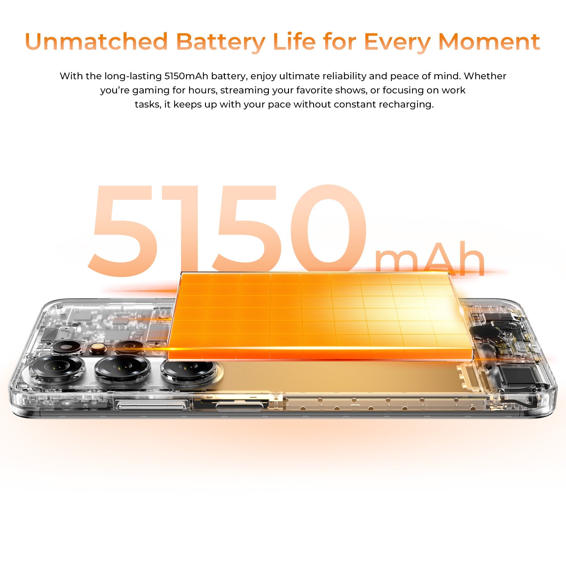 OUKITEL C26 with a long-lasting 5150mAh battery for uninterrupted gaming, streaming, and work without constant recharging.