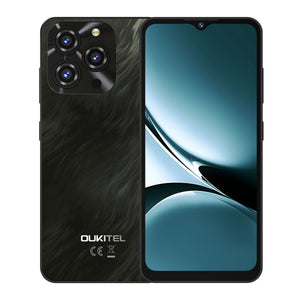 Oukitel C3 smartphone in black, featuring a stylish design with a triple-camera setup on the back and a large, clear display on the front, offering a sleek and modern look.