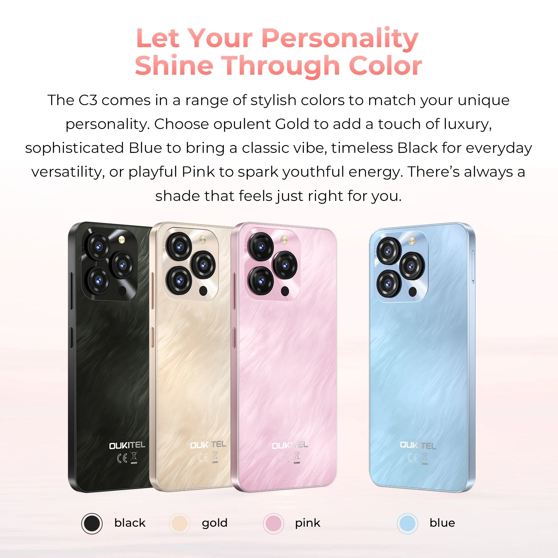 OUKITEL C3 smartphone available in black, gold, pink, and blue, featuring a stylish design and multiple color options.