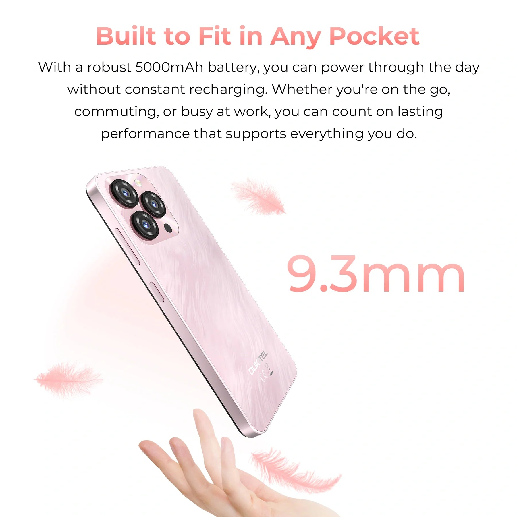 OUKITEL C3 smartphone with 9.3mm thickness and a 5000mAh battery, designed for lasting performance on the go.