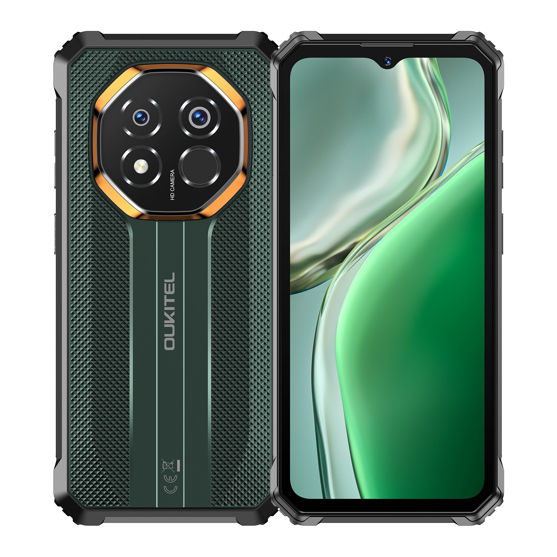 OUKITEL G7 rugged phone in green showing front display and textured rear with triple camera setup, shockproof design, and durable build