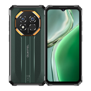 OUKITEL G7 rugged phone in green showing front display and textured rear with triple camera setup, shockproof design, and durable build