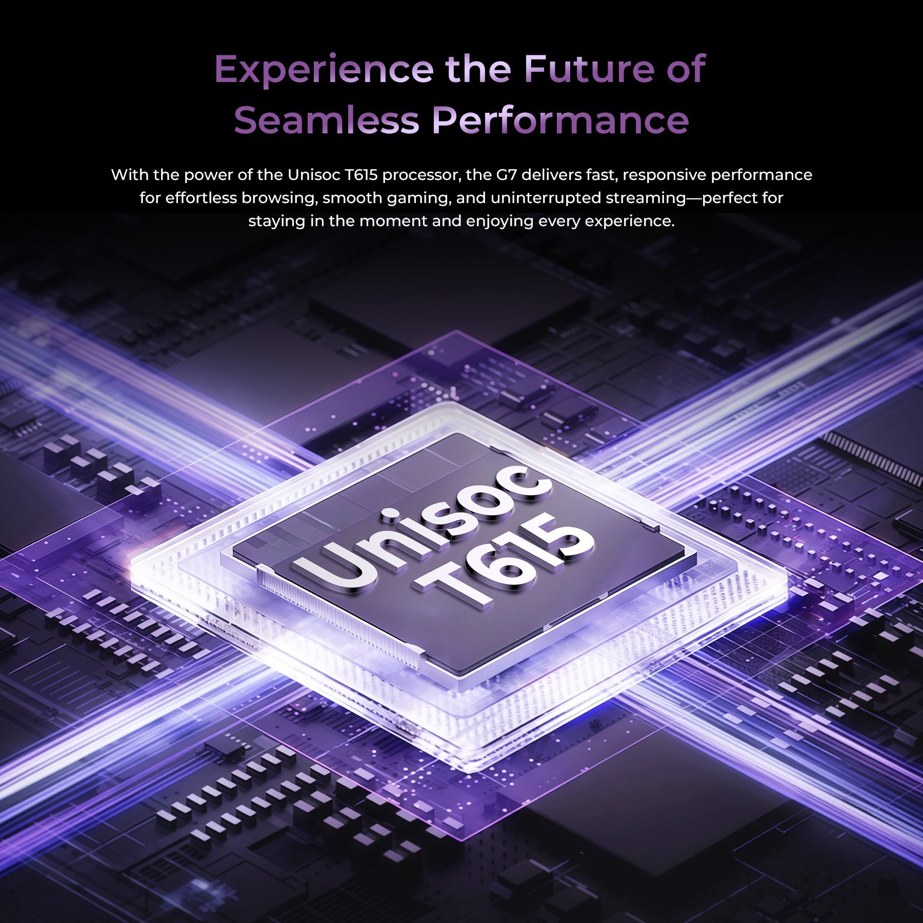 OUKITEL G7 smartphone highlighting the Unisoc T615 processor for fast performance, smooth gaming, efficient multitasking, and seamless streaming