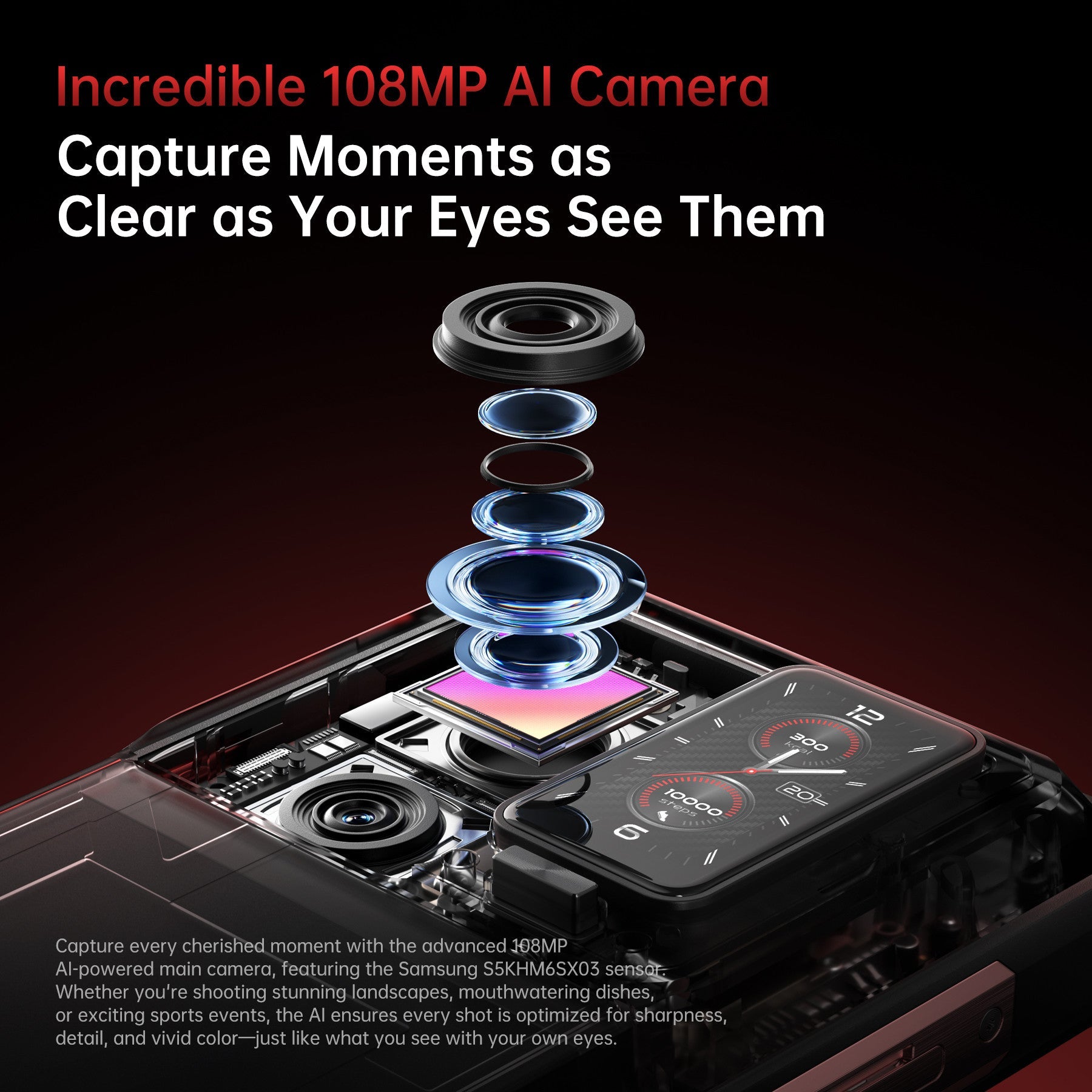 Oukitel WP300 smartphone featuring a 108MP AI-powered main camera with Samsung sensor for ultra-clear, detailed, and vibrant photography.