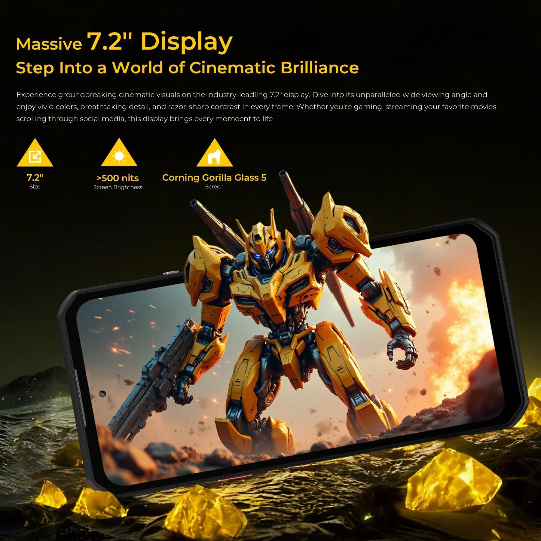 7.2-inch smartphone with HD+ display, Corning Gorilla Glass 5, showing vivid robot graphic