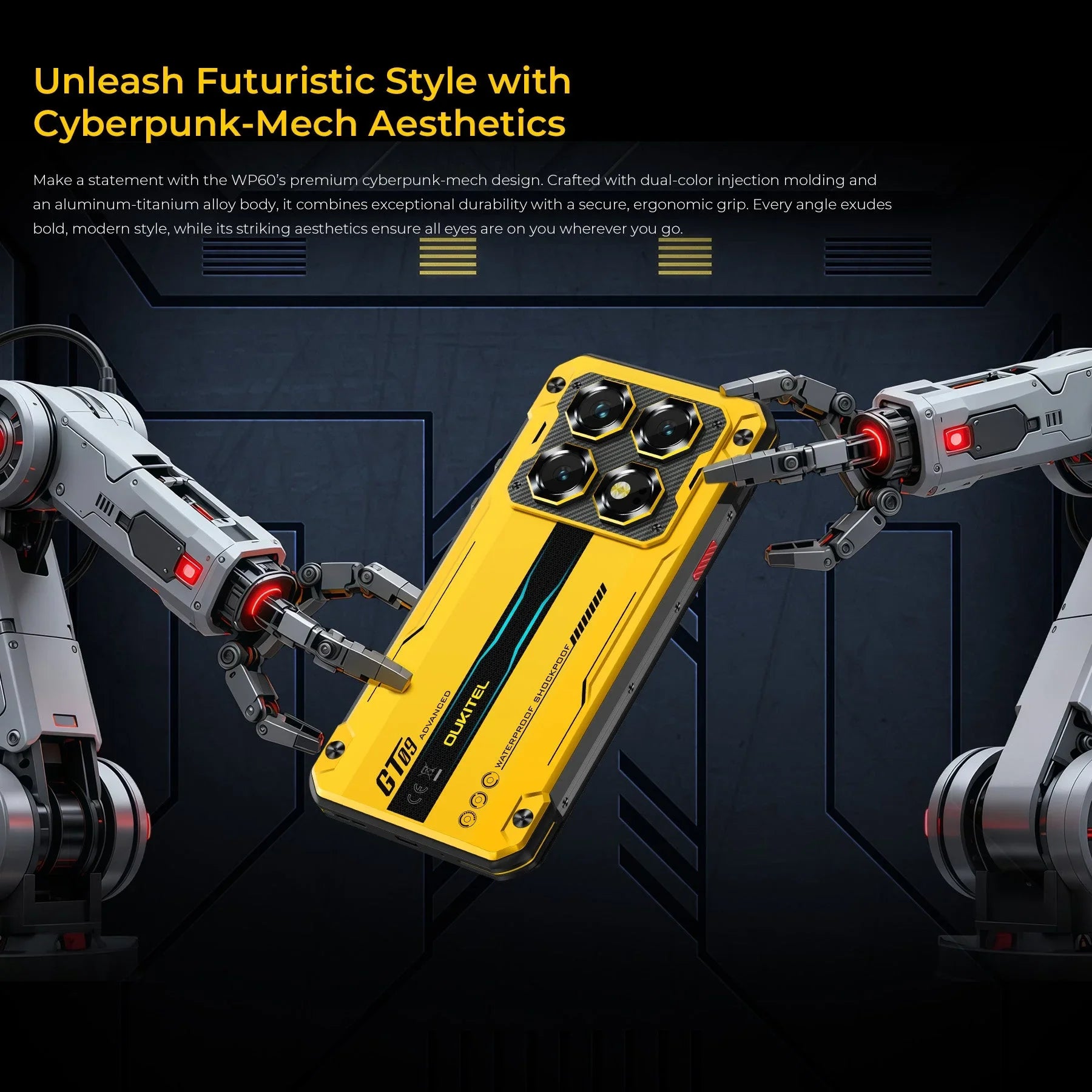 Yellow rugged smartphone with cyberpunk-mech design held by robotic arms