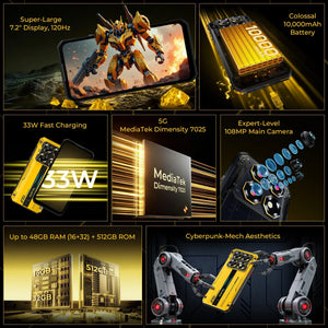 Rugged smartphone features: large 7.2-inch display, 10,000mAh battery, 5G, 108MP camera, 48GB RAM, cyberpunk design.