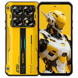 Yellow rugged smartphone with large rear cameras and a robot graphic on its display